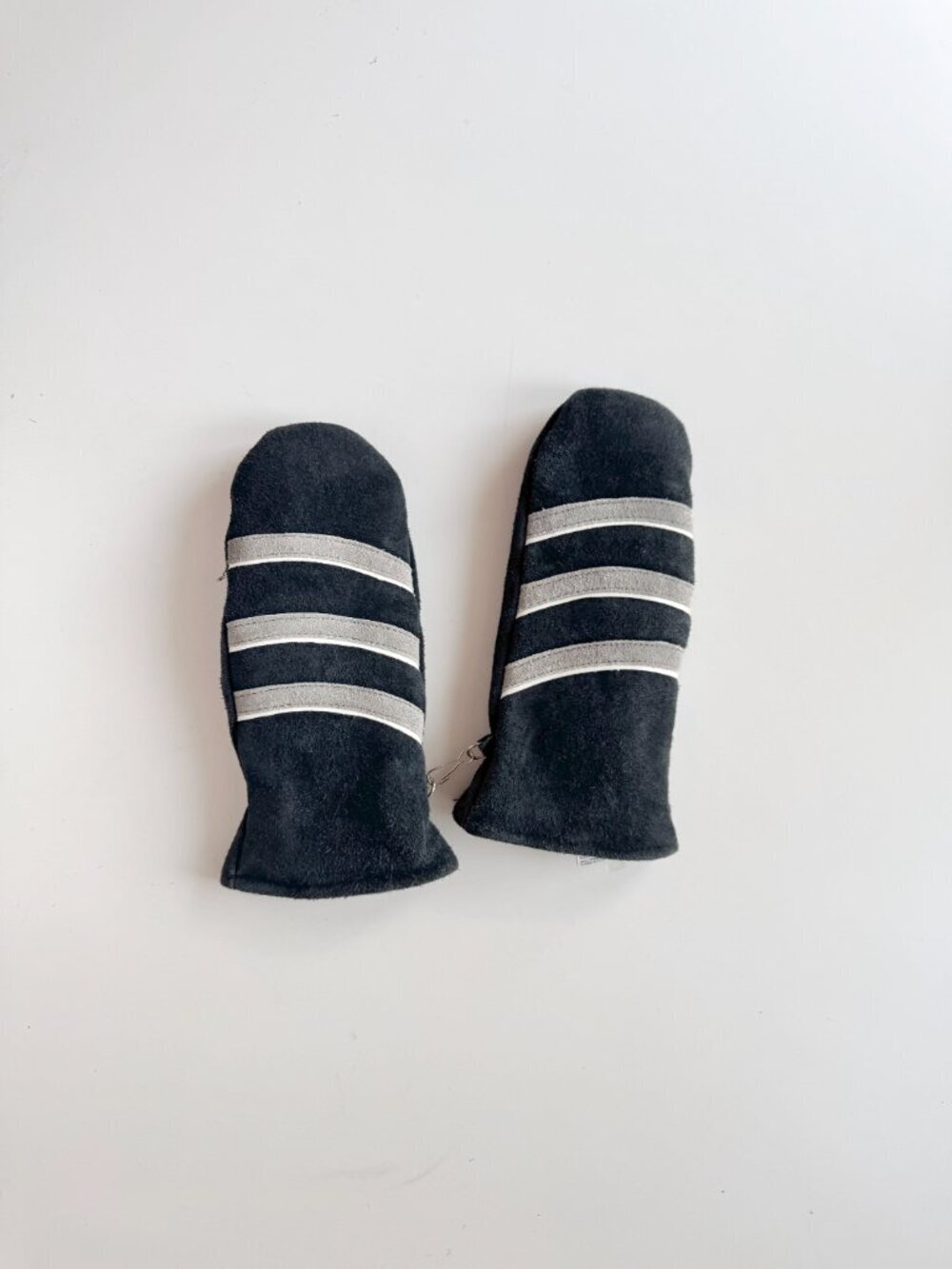 Vintage Unbranded Black Suede Leather Striped Acrylic Knit Lined Mittens, Size L